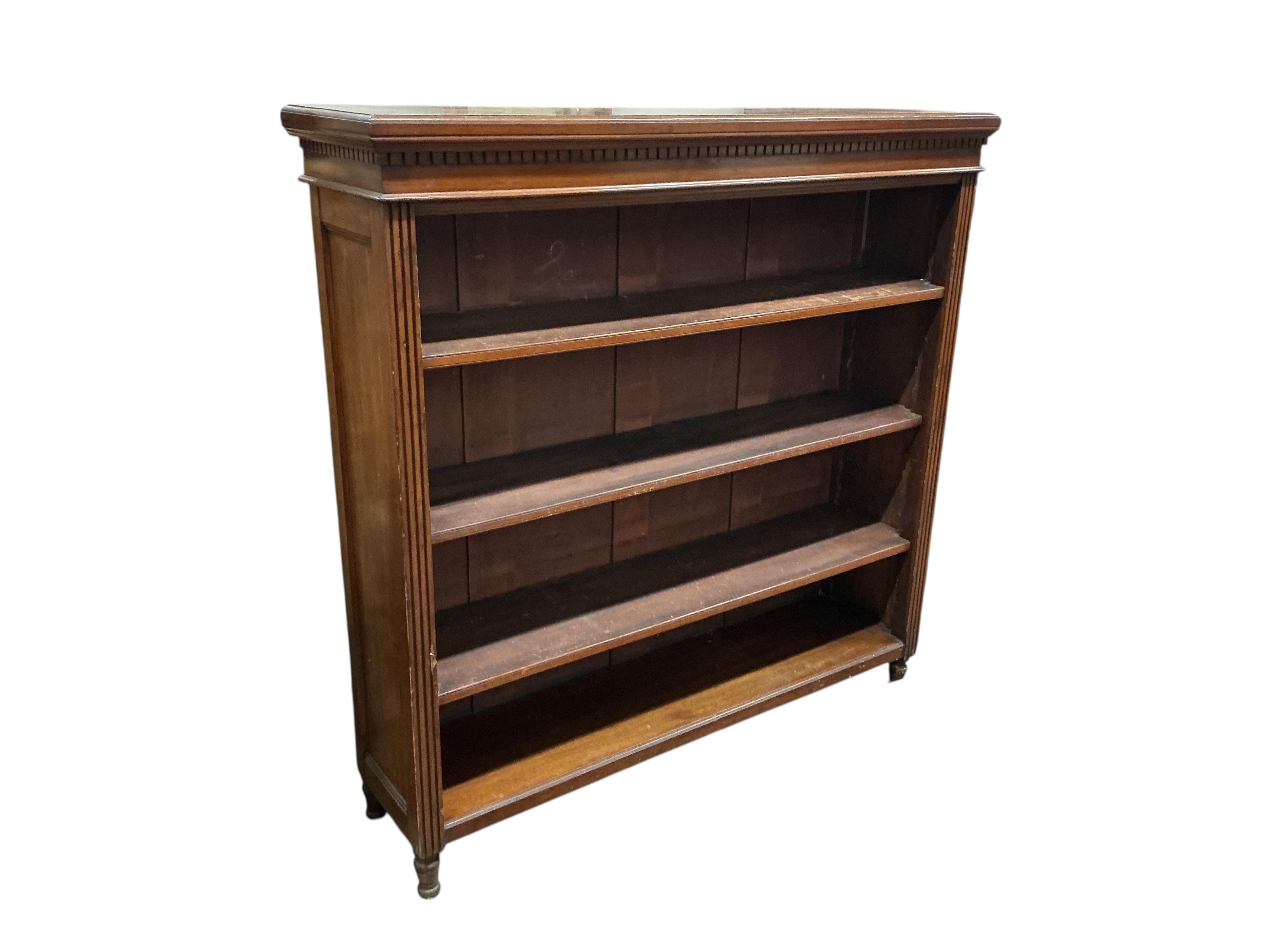 A late Victorian mahogany open bookcase, width 120cm, depth 34cm, height 123cm